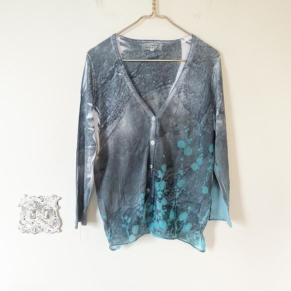 Ma+ch Marika Charles Blue Gray Tie Dye Cotton V- Neck Cardigan Sweater 2 / M - Picture 1 of 6